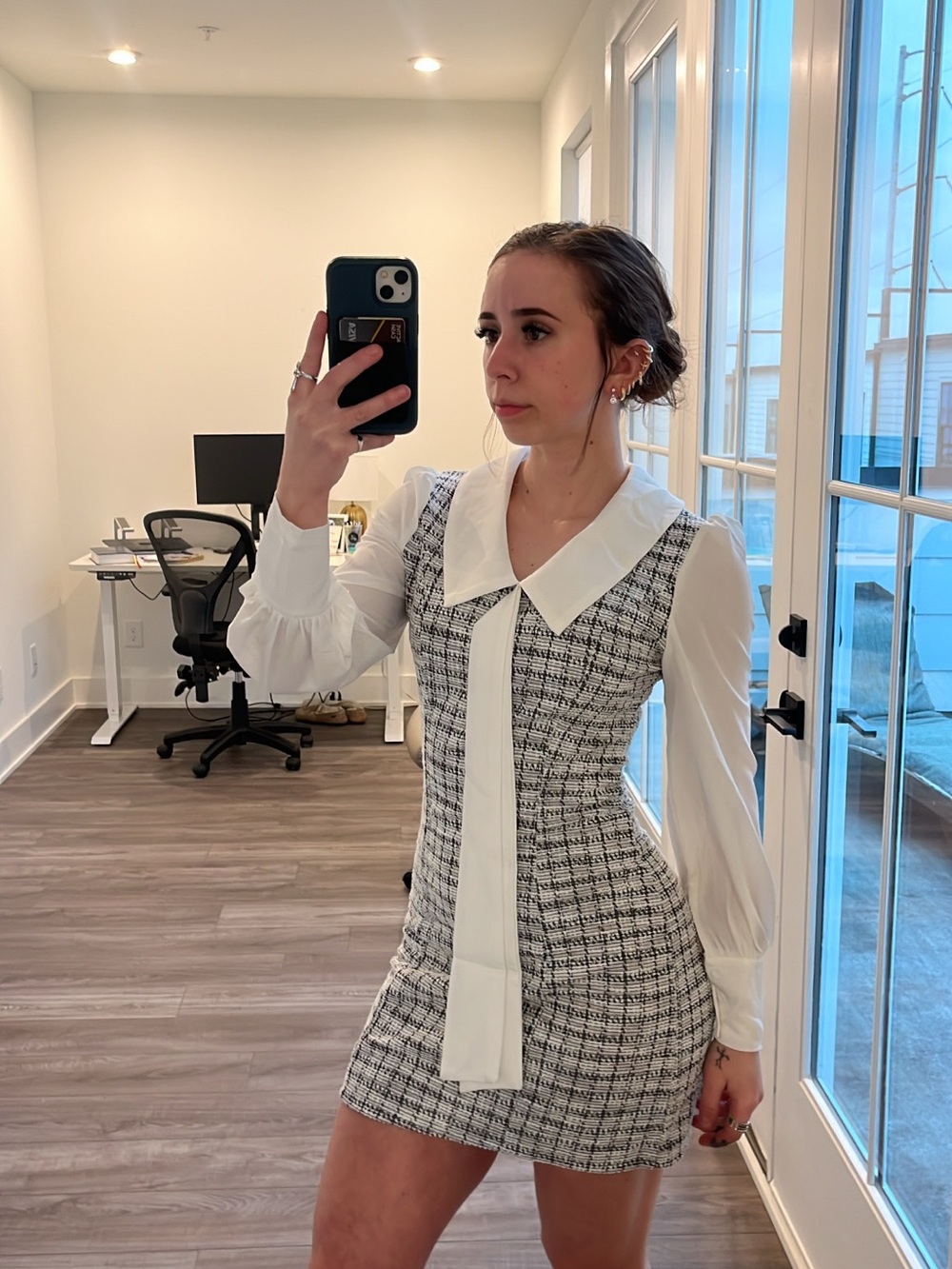 White + Grey Plaid Mini Dress with Tie Detail | Women’s XS